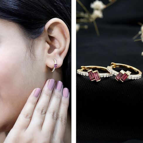 Certified Baguette Shape Rhodolite Diamond Hoop Earrings in Yellow Gold Plated Silver, Aaa Quality - Gift For Women in Saudi Arabia