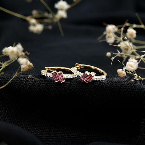 Certified Baguette Shape Rhodolite Diamond Hoop Earrings in Yellow Gold Plated Silver, Aaa Quality - Gift For Women in Saudi Arabia