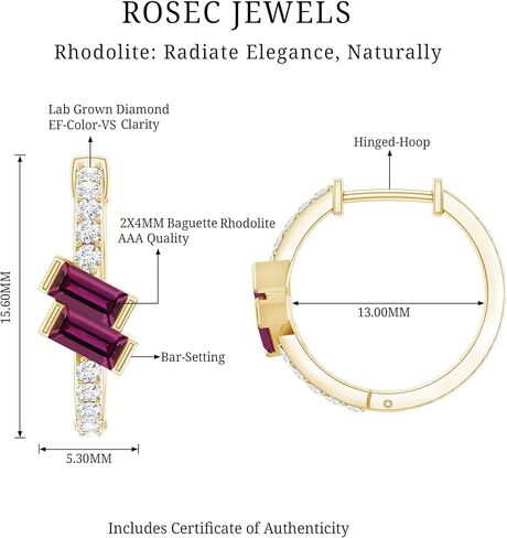Certified Baguette Shape Rhodolite Diamond Hoop Earrings in Yellow Gold Plated Silver, Aaa Quality - Gift For Women in Saudi Arabia