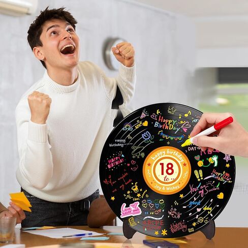 Holkcog الفينيل سجل عيد ميلاد الديكور، الكتابة على الجدران علامة الفن مع الوقوف، عيد ميلاد سعيد توقيع كتاب الضيوف للرجال النساء، هتاف إلى 10th 13th 16th 18th 21st 30th 40th bday تسجيل إمدادات الحفلات in Kuwait