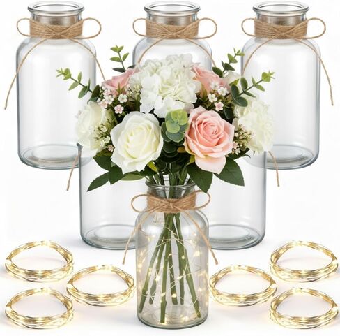 LemonRoad 6 Set Vintage Glass Flower Vase Mason Jar for Centerpieces with Fairy Lights Battery Operated Clear Vases for Weddings Parties Farmhouse Home Table Valentine's Decor Floral Arrangements in Saudi Arabia