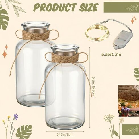 LemonRoad 6 Set Vintage Glass Flower Vase Mason Jar for Centerpieces with Fairy Lights Battery Operated Clear Vases for Weddings Parties Farmhouse Home Table Valentine's Decor Floral Arrangements in Saudi Arabia
