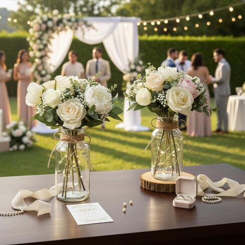 LemonRoad 6 Set Vintage Glass Flower Vase Mason Jar for Centerpieces with Fairy Lights Battery Operated Clear Vases for Weddings Parties Farmhouse Home Table Valentine's Decor Floral Arrangements in Saudi Arabia