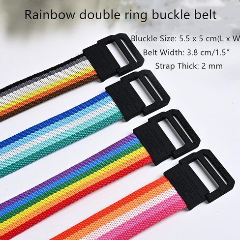 Men Women Rainbow Canvas Belt Plus Size Up to 69" with Double D Ring Buckle, 2 Pack in Saudi Arabia