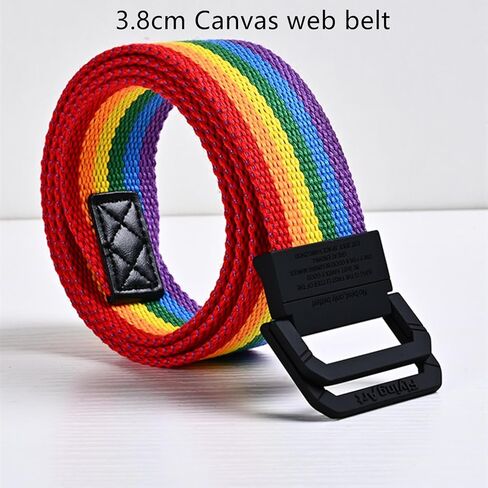 Men Women Rainbow Canvas Belt Plus Size Up to 69" with Double D Ring Buckle, 2 Pack in Saudi Arabia