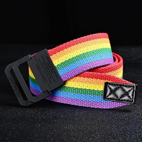 Men Women Rainbow Canvas Belt Plus Size Up to 69" with Double D Ring Buckle, 2 Pack in Saudi Arabia