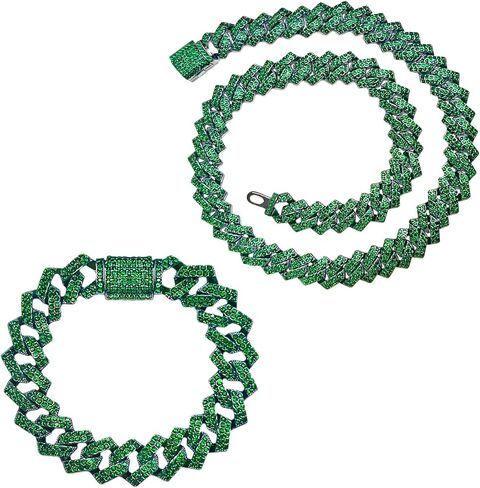 2 PCS Iced Out Chain Green Cuban Link Chain Cuban Necklace Bracelet Bling Diamond Hip Hop Jewelry for Men Women Green 8 20inch in Kuwait