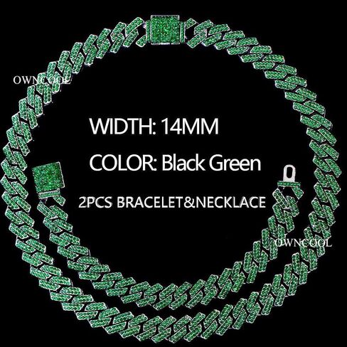 2 PCS Iced Out Chain Green Cuban Link Chain Cuban Necklace Bracelet Bling Diamond Hip Hop Jewelry for Men Women Green 8 20inch in Kuwait