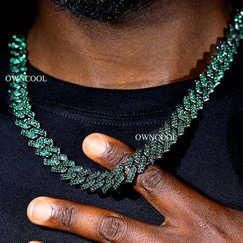 2 PCS Iced Out Chain Green Cuban Link Chain Cuban Necklace Bracelet Bling Diamond Hip Hop Jewelry for Men Women Green 8 20inch in Kuwait