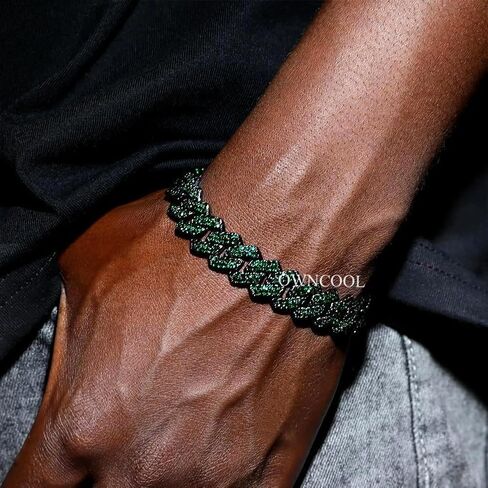 2 PCS Iced Out Chain Green Cuban Link Chain Cuban Necklace Bracelet Bling Diamond Hip Hop Jewelry for Men Women Green 8 20inch in Kuwait