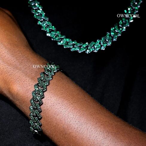 2 PCS Iced Out Chain Green Cuban Link Chain Cuban Necklace Bracelet Bling Diamond Hip Hop Jewelry for Men Women Green 8 20inch in Kuwait