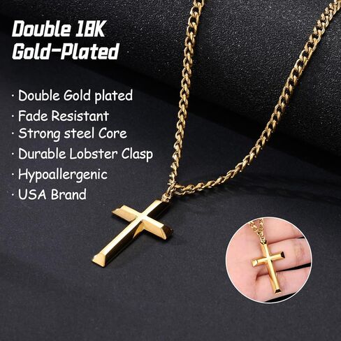 Heavenly Metals 18K Gold Plated Cross Necklace for Men & Boys –Stainless Steel or Gold Plated Pendant with Durable Curb Chain – 18" to 24" Length – USA Faith-Based Brand in Saudi Arabia