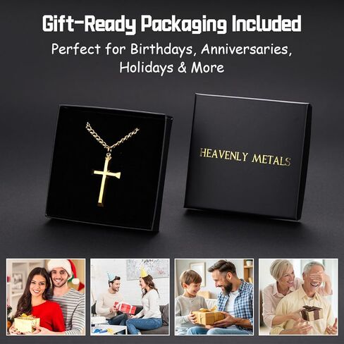 Heavenly Metals 18K Gold Plated Cross Necklace for Men & Boys –Stainless Steel or Gold Plated Pendant with Durable Curb Chain – 18" to 24" Length – USA Faith-Based Brand in Saudi Arabia