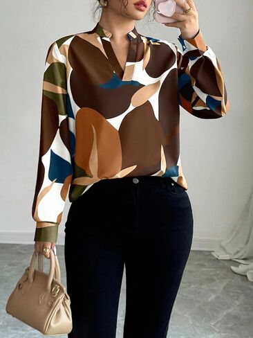 Women Abstract Print Satin Blouse V-Neck Long-Sleeve Shirt Geometric Pattern Silky Fabric for Office Casual Outfits in Saudi Arabia