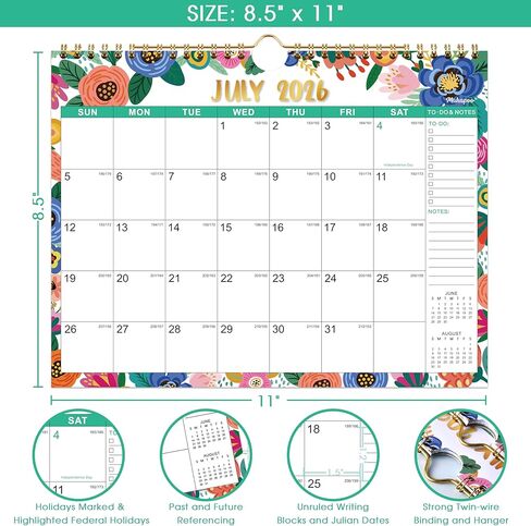 التقويم 2026-2027 - تقويم الحائط 2026-2027، يوليو 2026 إلى ديسمبر 2027، 11 بوصة × 8.5 بوصة، 26-27 تقويم 18 شهرًا مع ورق سميك + تاريخ جوليان - زهور in Kuwait