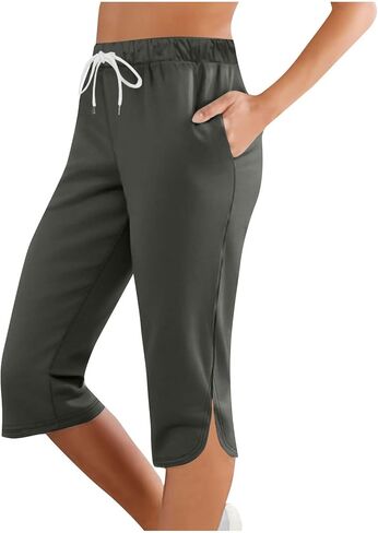 Capri Pants for Women 2026 Elastic Waist Drawstring Stretchy Summer Pant Side Split Casual Lounge Capris with Pocket in Saudi Arabia