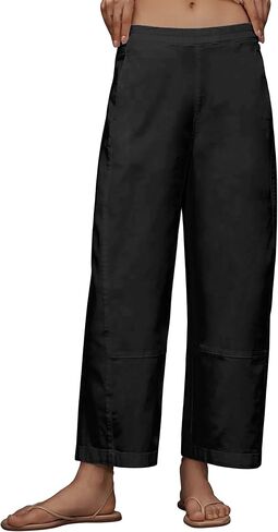 Allimy Womens Fashion Summer High Waist Elastic Wide Leg Straight Leg Casual Cropped Pants Casual Capris with Pockets in Kuwait