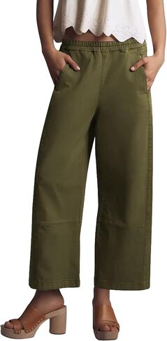Allimy Womens Fashion Summer High Waist Elastic Wide Leg Straight Leg Casual Cropped Pants Casual Capris with Pockets in Saudi Arabia