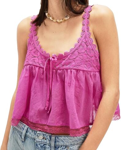 المرأة عادية مغرفة رابطة عنق الجبهة الدانتيل تقليم تانك القمم Y2K أكمام كشكش هيم شبه شير بيبي دول كامي قميص in Kuwait