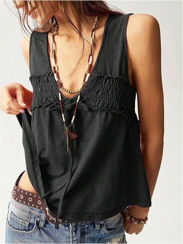 MakeMeChic Women's V Neck Tank Top Smocked Tie Sleeveless Summer Casual Going Out Vest Top in Saudi Arabia