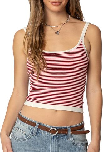 Women Y2k Jersey Tank Top Spaghetti Strap Flag Letter Print Cami Top Vintage Contrast Camisole Baby Tee in Saudi Arabia