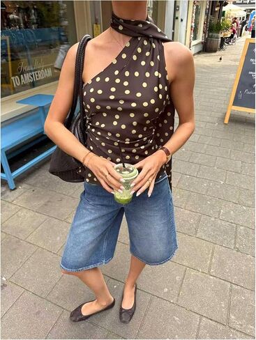 MakeMeChic Women's Polka Dots One Shoulder Tank Tops Sleeveless Fitted Y2K Summer Top with Scarf in Saudi Arabia