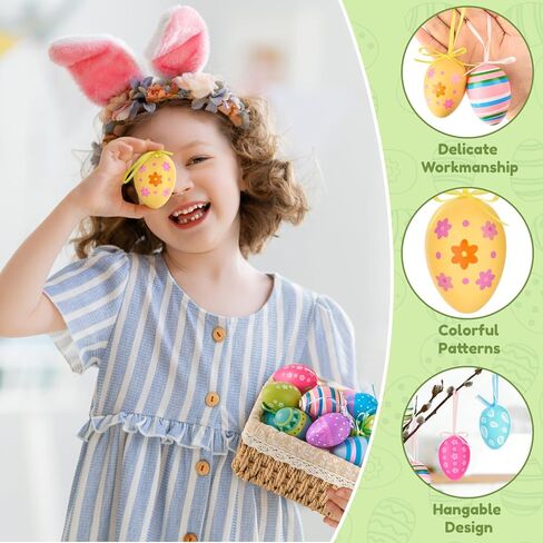 JOERSH 24Pcs Easter Eggs Hanging Ornaments, Colorful Plastic Easter Tree Decorations, Hand Painted Eggs for DIY Crafts, Basket Decors, Party Favors, Home Supplies in Kuwait