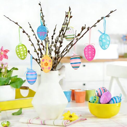 JOERSH 24Pcs Easter Eggs Hanging Ornaments, Colorful Plastic Easter Tree Decorations, Hand Painted Eggs for DIY Crafts, Basket Decors, Party Favors, Home Supplies in Kuwait
