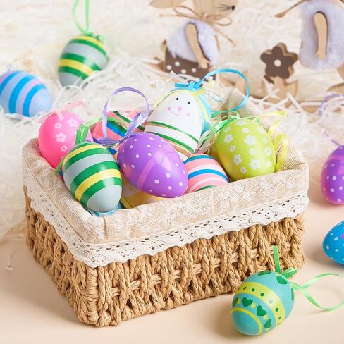 JOERSH 24Pcs Easter Eggs Hanging Ornaments, Colorful Plastic Easter Tree Decorations, Hand Painted Eggs for DIY Crafts, Basket Decors, Party Favors, Home Supplies in Kuwait