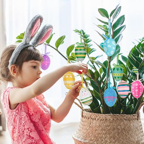 JOERSH 24Pcs Easter Eggs Hanging Ornaments, Colorful Plastic Easter Tree Decorations, Hand Painted Eggs for DIY Crafts, Basket Decors, Party Favors, Home Supplies in Kuwait