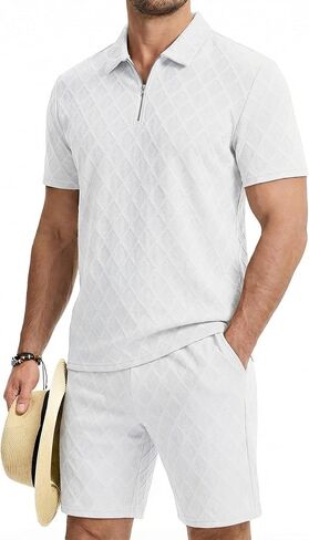 JMIERR Mens 2 Piece Jacquard Knit Outfits 1/4 Zip Golf Polo Shirt Shorts Set Casual Tracksuits for Beach Daily in Saudi Arabia