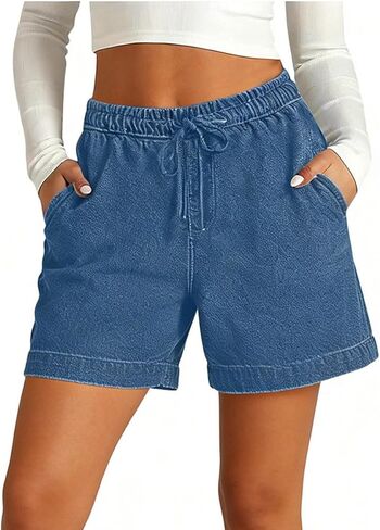 Women's Casual Denim Shorts Stretch Athletic Wide Leg Lounge Shorts with Pockets Mid Rise Button Summer Bottoms in Saudi Arabia