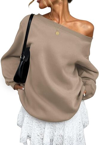 ATHMILE Womens Off the Shoulder Sweatshirts Fleece Lined Long Sleeve Pullover Tops Oversized Sweater Basic Slouchy Clothes in Saudi Arabia