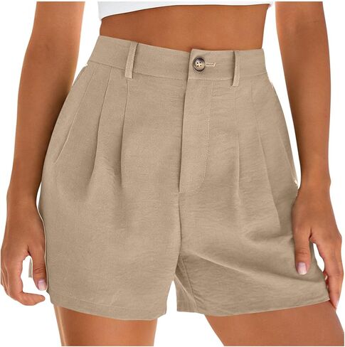 شورت كتان للنساء موضة صيف 2026 سروال شاطئ كاجوال بطيات وخصر عالي ومطاط مع جيوب in Kuwait