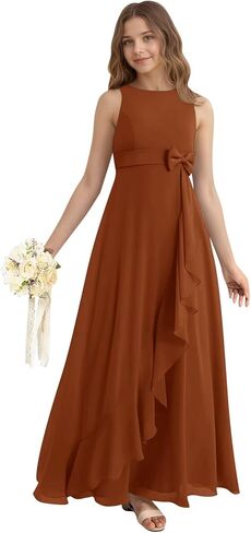 فساتين وصيفة العروس الصغيرة طويلة على شكل حرف a مع فيونكة شيفون مكشكشة فستان فتاة الزهور لحفلات الزفاف فساتين رسمية in Kuwait