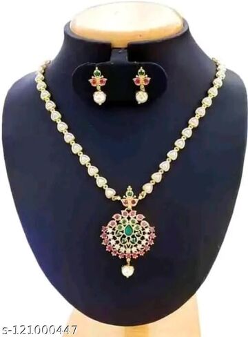 South Indian Golden Long Necklace Pendant Temple Jewellery Ethnic Antique Traditional Pearl Multi Kundan Necklace Earring Set in Saudi Arabia