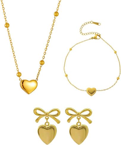 3 PCS Heart Jewelry Set for Women Dainty Trendy 14K Gold/Silver Plated Heart Pendant Necklaces Adjustable Love Bracelet Birthday Party Valentine's Day Jewelry in Saudi Arabia