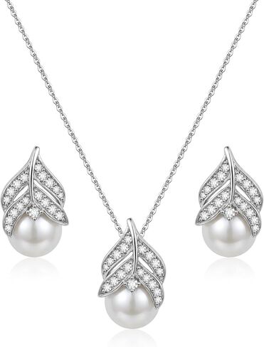 Silver Pearl Jewelry Set, White Pearl Necklace and Earrings Set with Cubic Zirconia, Leaf Design Elegant Women’s Accessories for Gift in Saudi Arabia