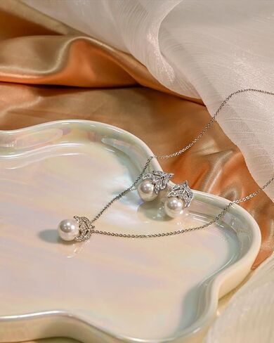 Silver Pearl Jewelry Set, White Pearl Necklace and Earrings Set with Cubic Zirconia, Leaf Design Elegant Women’s Accessories for Gift in Saudi Arabia