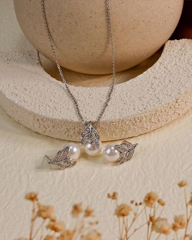 Silver Pearl Jewelry Set, White Pearl Necklace and Earrings Set with Cubic Zirconia, Leaf Design Elegant Women’s Accessories for Gift in Saudi Arabia