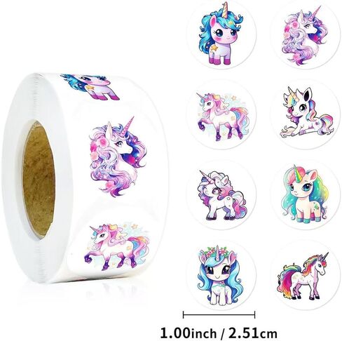 بكرة ملصقات يونيكورن مقاس 1.1 بوصة، 500 قطعة من ملصقات وحيد القرن الكرتونية DIY ملصقات حوافز المكافآت اليدوية، أختام مغلف، لوازم مكتبية لطيفة على شكل حيوانات، هدايا لحفلات أعياد الميلاد، ملصقات ذاتية اللصق in Kuwait