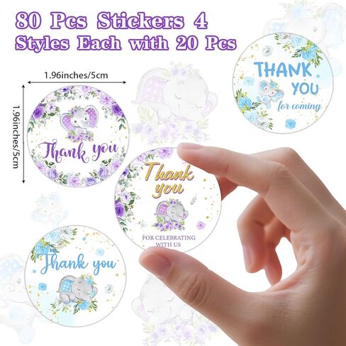 80PCS Elephant Baby Shower Thank You Stickers Elephant Gender Reveal Decorations Blue Purple Elephants Stickers for Baby Shower Gender Reveal Birthday Party Favor Supplies Gifts Envelopes Seals in Kuwait