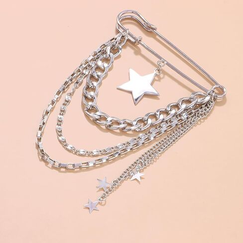 Punk Gold Silver Star Moon Tassel Chain Brooch Sweater Shawl Clips Collar Pin for Women Safety Chain Tassel Broochs in Saudi Arabia