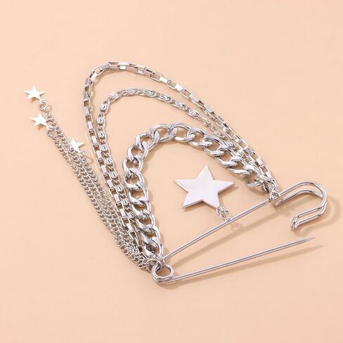 Punk Gold Silver Star Moon Tassel Chain Brooch Sweater Shawl Clips Collar Pin for Women Safety Chain Tassel Broochs in Saudi Arabia