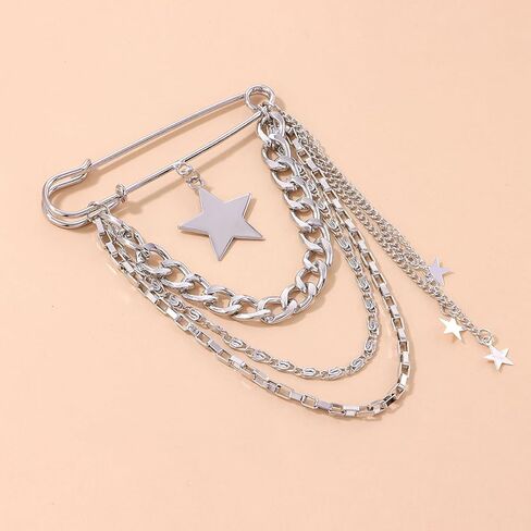 Punk Gold Silver Star Moon Tassel Chain Brooch Sweater Shawl Clips Collar Pin for Women Safety Chain Tassel Broochs in Saudi Arabia