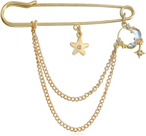 Punk Gold Silver Star Moon Tassel Chain Brooch Sweater Shawl Clips Collar Pin for Women Safety Chain Tassel Broochs in Saudi Arabia