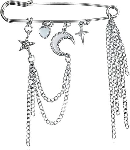 Punk Gold Silver Star Moon Tassel Chain Brooch Sweater Shawl Clips Collar Pin for Women Safety Chain Tassel Broochs in Saudi Arabia