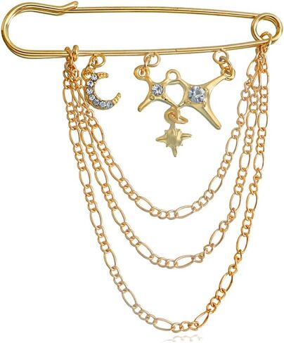 Punk Gold Silver Star Moon Tassel Chain Brooch Sweater Shawl Clips Collar Pin for Women Safety Chain Tassel Broochs in Saudi Arabia