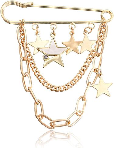 Punk Gold Silver Star Moon Tassel Chain Brooch Sweater Shawl Clips Collar Pin for Women Safety Chain Tassel Broochs in Saudi Arabia