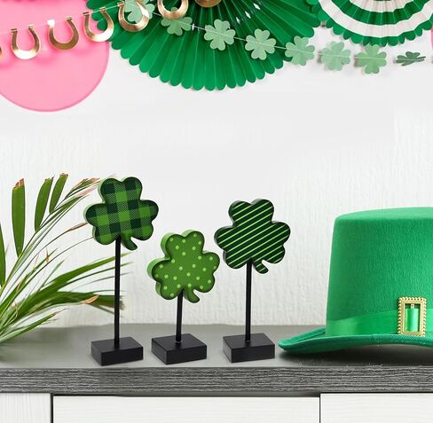 St. Patrick's Day Wooden Shamrock Stand Decor Set of 3 Clover Irish Wood Block Signs for Home Tabletop Centerpieces Tiered Tray Party Decoration Gifts in Saudi Arabia